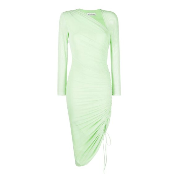 Self-Portrait Asymmetric Pencil Midi Dress Green Mesh Ruched Side Tie Mesh Long - Picture 2 of 11